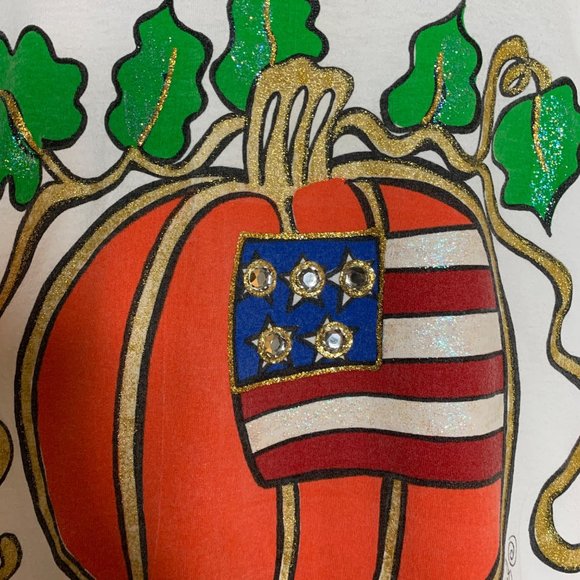 Vintage Lisa Coufal 1990 Tee Shirt Glitter Puffy Paint Jewel Pumpkin USA Flag XL - Picture 4 of 8